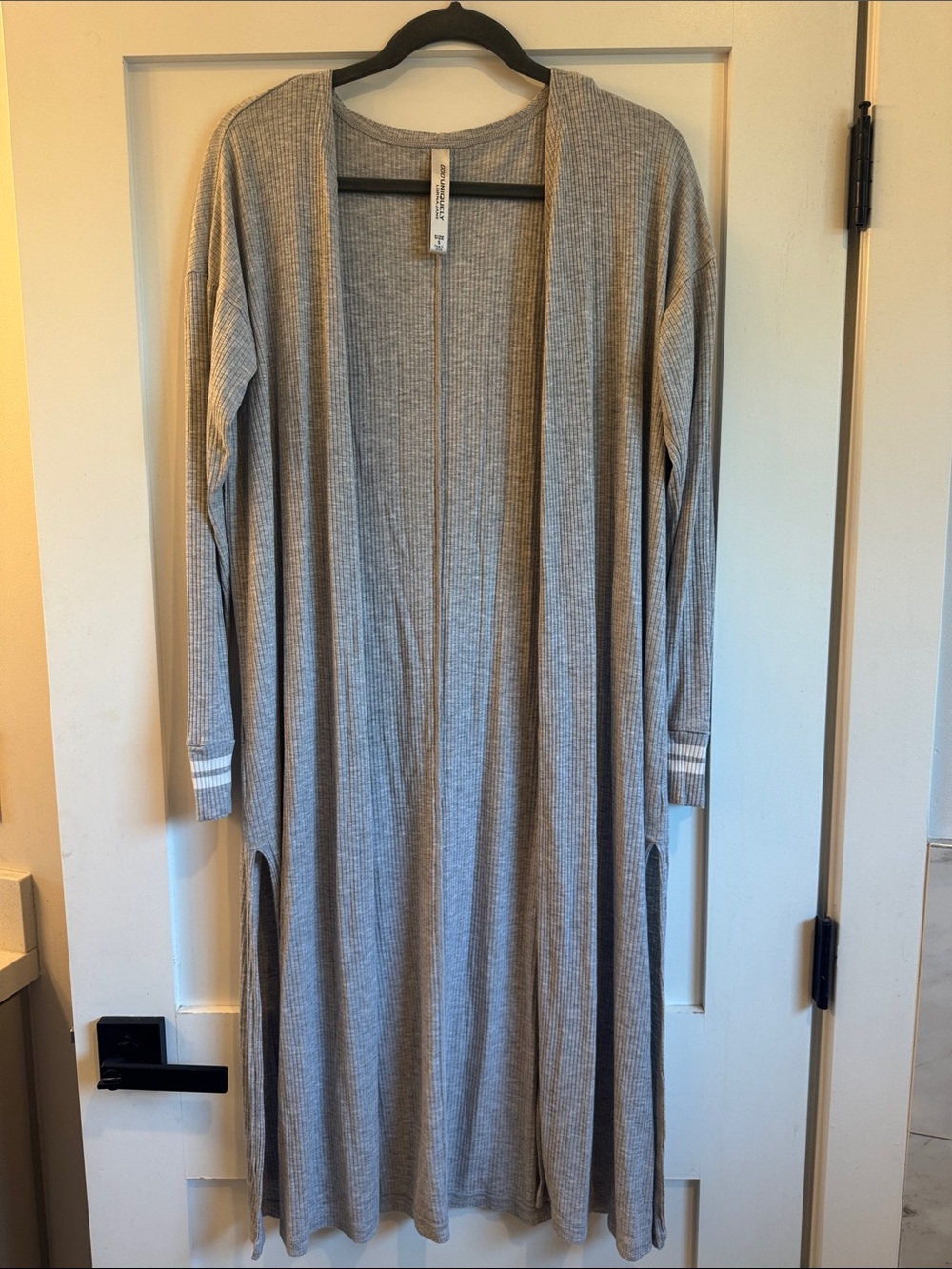 Ribbed Long Open-Front Robe - Light Gray